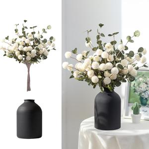 BLOSMON Fake Flowers in Vase for Centerpieces: Metal Vase with 12 Stems of Artificial Mums Kiku Flowers Eucalyptuses Dining Table Decor - White Faux Silk Pom Poms Floral Arrangements for Home Indoor [16.9"L x 16.9"W x 19.7"H]