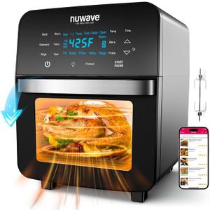 Nuwave Brio 15.5Qt Air Fryer Toaster Oven & Rotisserie Kit, 2024 New Advanced Turbo Convection Tech, Healthy PFAS Free, Max Even & Crisp, Powerful 1800W, 50-425F, 150 Presets, Smart Probe, 4 Rack