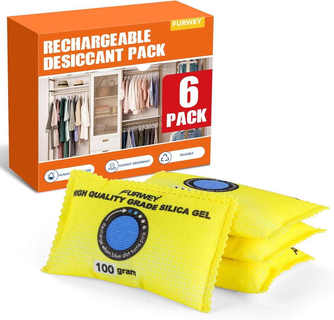 100g (6 Packs) Rechargeable Desiccant Packs for Storage, Color Indicating Silica Gel Desiccant Packets, Moisture absorbers for storage,Dehumidifier bag for Closets,Cars,Storage Bins (Yellow)