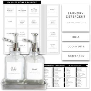 Laundry Labels for Jars, 136 Preprinted Home and Laundry Label Stickers for Storage Bins, Cleaning Jars, Spray Bottles, Linen Closet, Household Organization