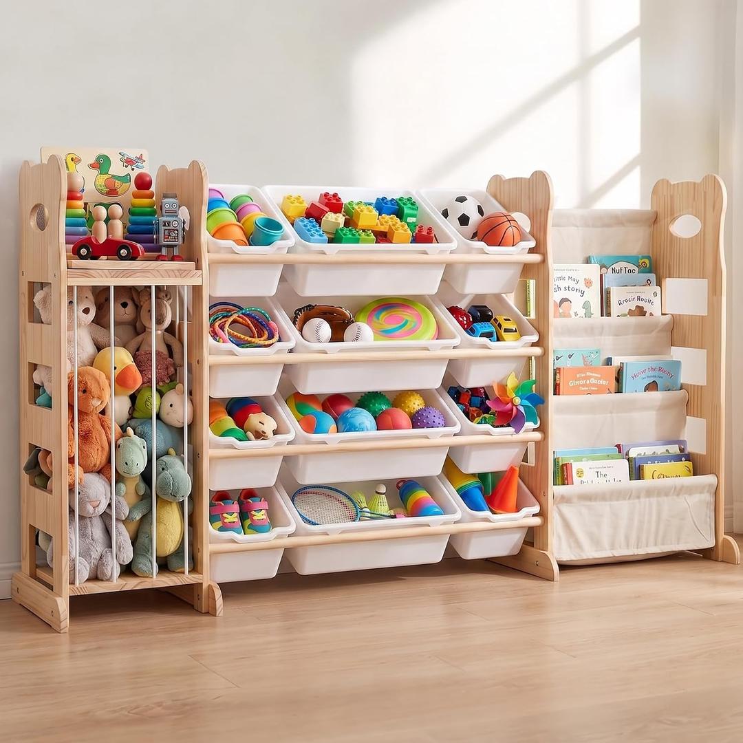 Toy Storage Organizer with Bookshelf and Stuffed Animal Storage 60.7'' L | Toy Storage Organizer with 12 Bins, Playroom Thickened and Widened Book Toy Organizer for Bedroom Decor