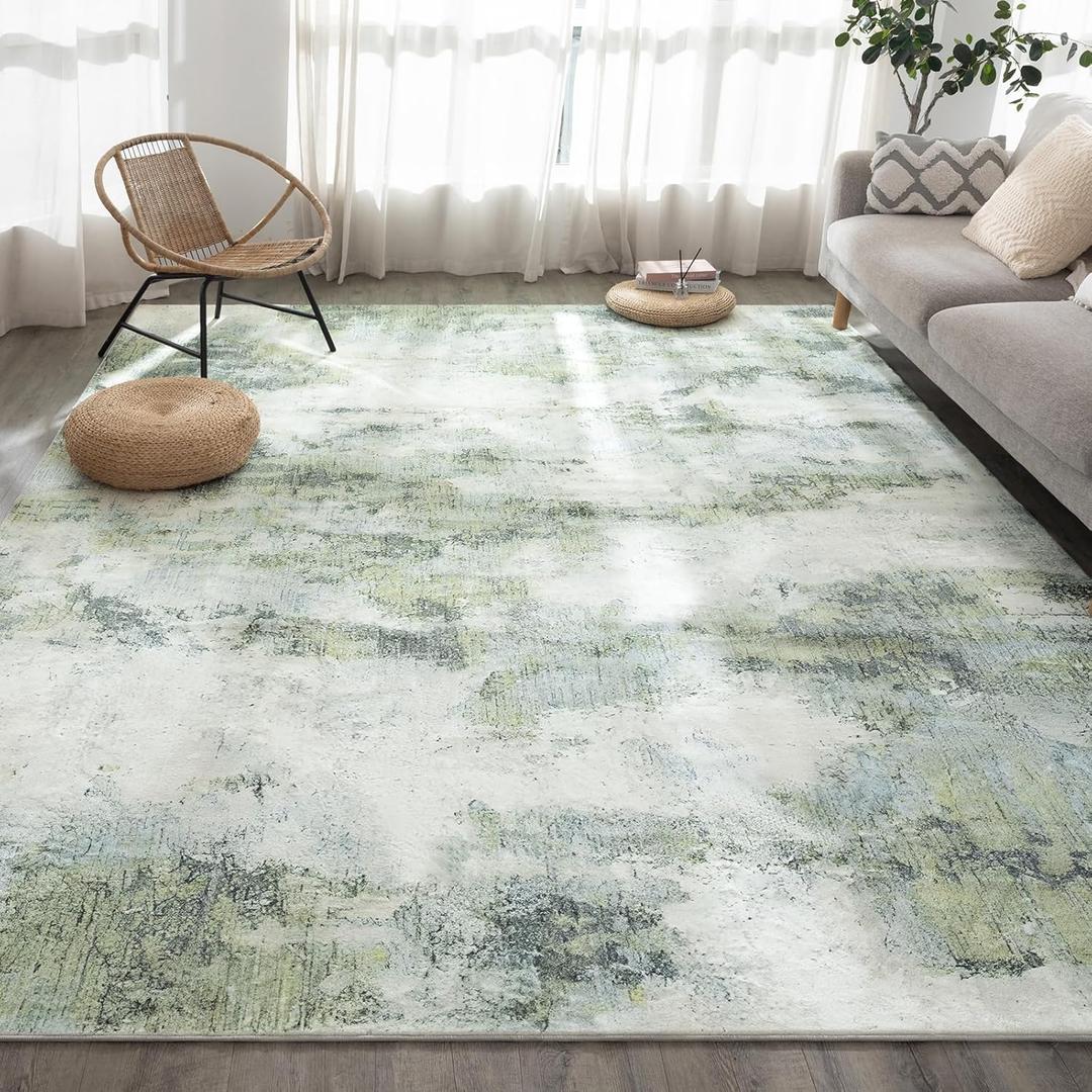 UMINEUX Living Room Rug 8'x10' Large Washable Area Rug with Anti-Slip Rubber Backing, Modern Abstract Low Pile Rugs, Ultra Soft & Thin, Non-Slip, Stain Resistant for Dining Room Bedroom Home Decor (8' x 10', Swamp Green)