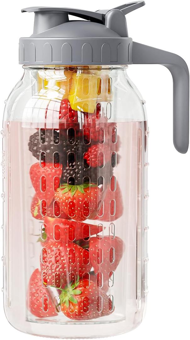 JunVpic Fruit Infuser Water Pitcher,Glass Mason Jar Pitcher,64oz(2 Quart) Wide Mouth Jug with Pour Spout Handle Lid for Fruit Drinks,Cold Brew Coffee,Ice Beverage,Iced Juice,Lemonade,Sun Tea Container (Gray)