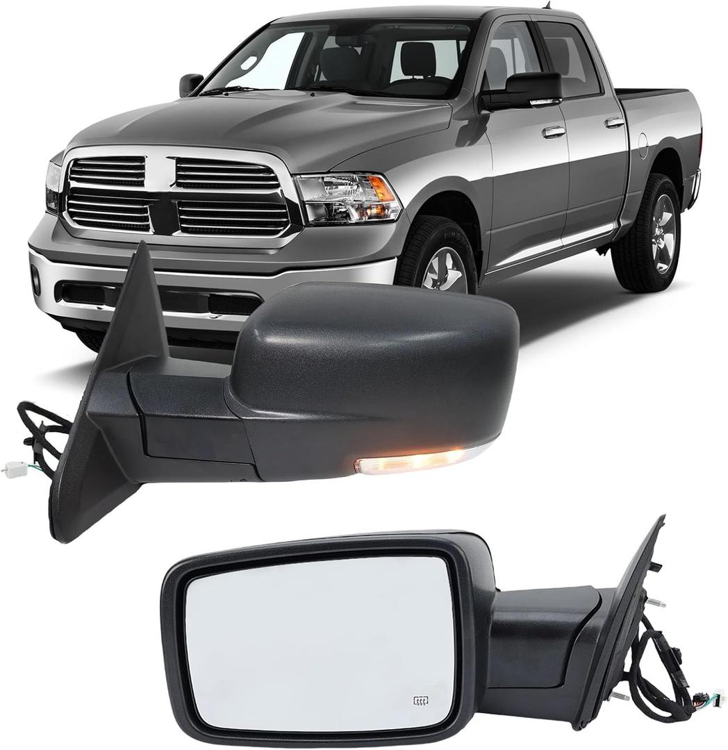 Driver Side Mirror Compatible with 2013-2018 Dodge Ram 1500 2500 3500 Mirrors with Heated Puddle Lamp Temperature Sensor Tuning LED Signal Power Fold Textured Black(10+2Pins), Left Driver Side-12 Pins