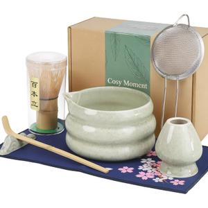 Complete Matcha Set 7 Pcs Matcha Starter Kit with Bamboo Whisk, Ceramic Bowl, Scoop & Sifter, Towel, Holder, Japanese Matcha Tea Set, Gift for Beginners & Tea Lovers