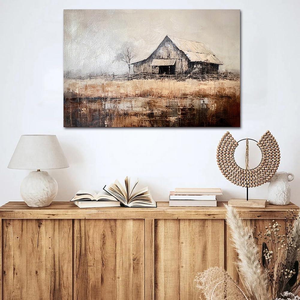 Rustic Canvas Wall Art Old Barn Textured Painting Vintage Farmhouse Wall Decor Pictures For Living Room 36 x 24 Inch (FH01)