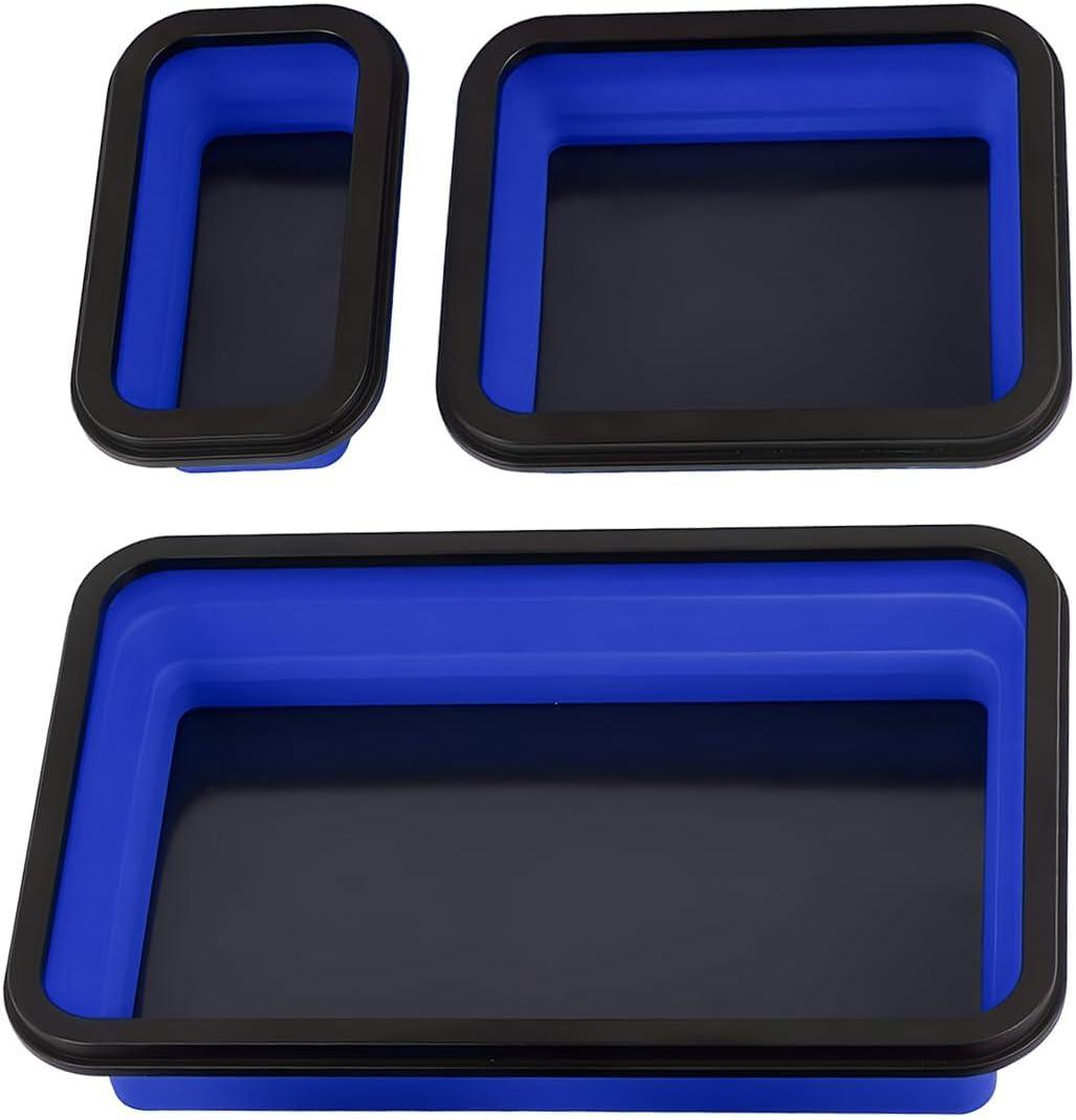 Collapsible Magnetic Parts Tray Set of 3 Different Size, Foldable Silicone Tool Trays for Screws, Bolts, Nuts and Other Small Metal Parts (Blue)