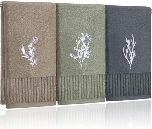 FuWeave 3 Pcs Boho Botanical Hand Towels Bathroom Decor Retro Embroidered Minimalist Nature Floral Boho Decorative Towels for Bathroom Kitchen Decor, 100% Cotton, 13.3 x 29.5''