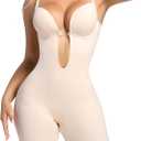 Decorus Backless Plunge Shapewear Bodysuits - Women Low Back Body Shaper Full Body Tummy Control Built in Bra With Plunge (X-Large, Beige)