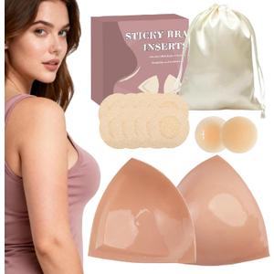 Double-Sided Sticky Bra Pad Inserts, Lightly Padded & Reusable Adhesive Push Up Pads for Bikini and Swimsuit, Dark Beige, L