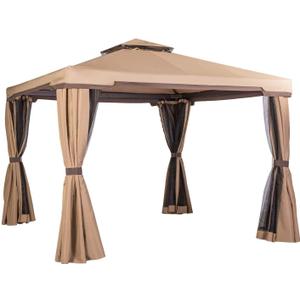 Skiway 10'x 10' Patio Gazebo Canopy Outdoor Tent Shelter with Double Square Tops, Shade Curtains and Mosquito Netting -Brown, Front Porch