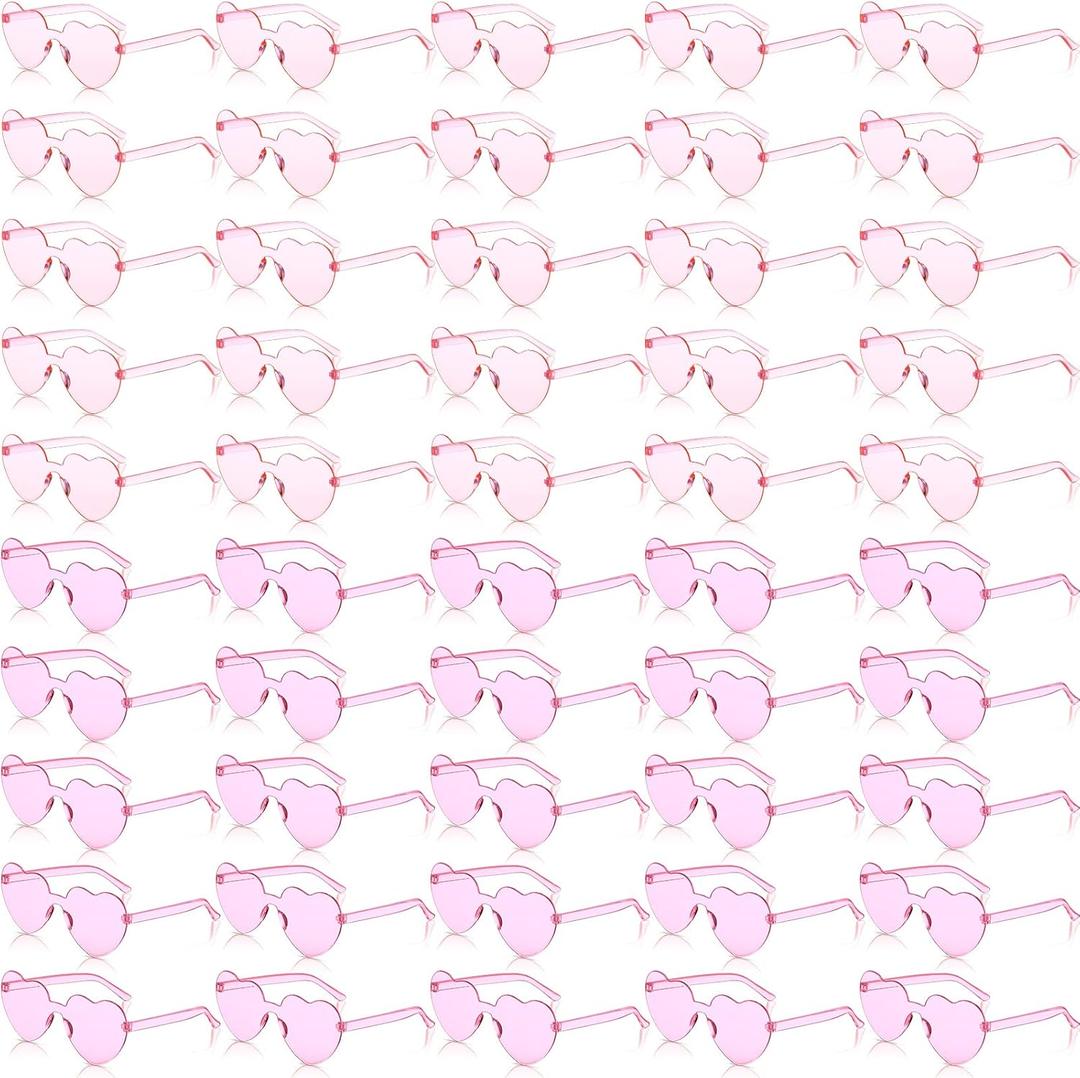 Konohan 50 Pairs Heart Shaped Sunglasses Bulk, Women Colorful Rimless Transparent Heart Glasses for Valentine's Day Party (Light Pink, Pink)