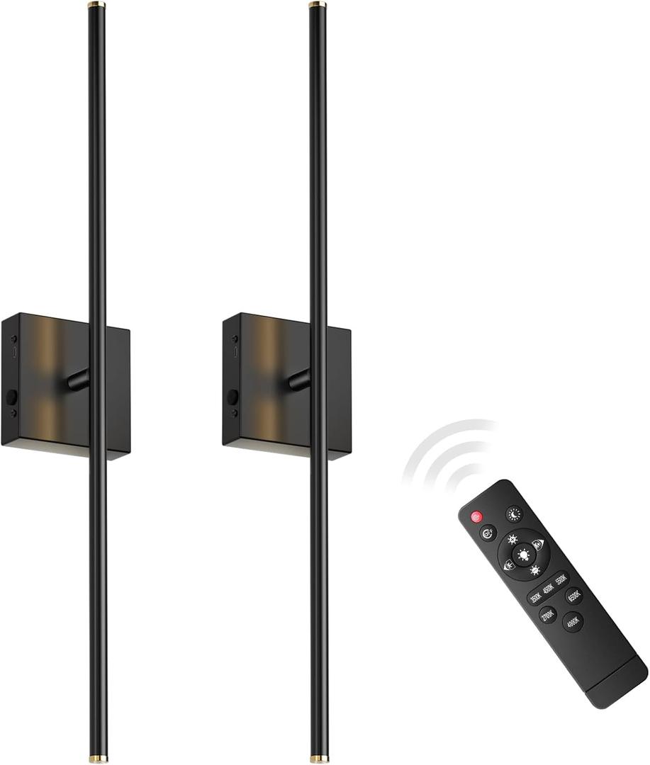 Black Modern Battery Operated Wall Sconces, Wireless Wall Sconces Set of 2 with Remote Control, Dimmable, Night Light, Memory Function, 2500K-6500K, 350Rotate, 28 Inch (2 Pack)