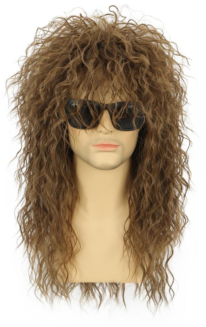 karlery 70s 80s Rocker Metal Mullet Wig Mens Long Curly Light Brown Wig for Halloween Costume Anime Party