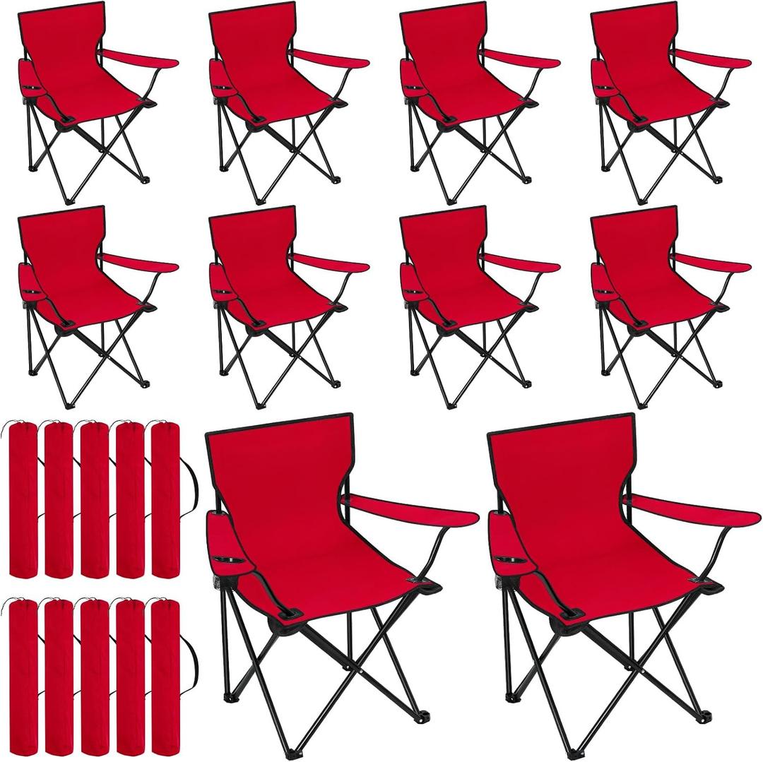 Huwena 10 Pack Folding Camping Chairs with Cup Holder and Carry Bags, Portable Outdoor Lawn Chairs Bulk for Picnic Party Backyard Events Beach Outdoor Activities, Red