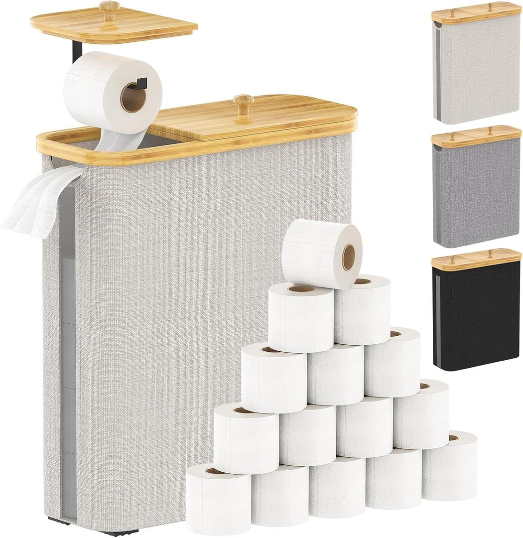 42L Toilet Paper Basket with Bamboo Lid, Toilet Paper Storage with Toilet Paper Holder & Non-Slip Mat for Bathroom Organizer, Holds up to 19 Regular Rolls or 14 Mega Rolls, Collapsible & Stackable