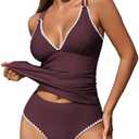 ZAFUL Womens Tankini Swimsuits V Neck Push Up Swim Top Color Block Tummy Control High Waisted Bathing Suits Swim Bottom.L