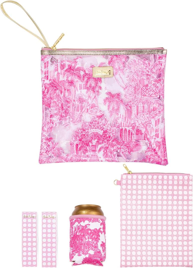 Lilly Pulitzer Water Resistant Vinyl Beach Day Pouch, Zipper Bag Includes Drink Hugger, Small Pouch, and Towel Clips (Palm Beach Toile)