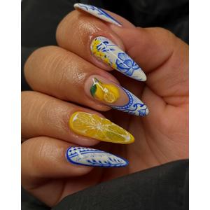 Handcrafted Press On Nails Italian Vacation Style Lemon & Blue Ceramic Pattern 100% Handmade Realistic Artistic Fake Nails With Adhesive Glue Tabs Gifts For Women (Hand-Painted Lemon,Long Stiletto M)