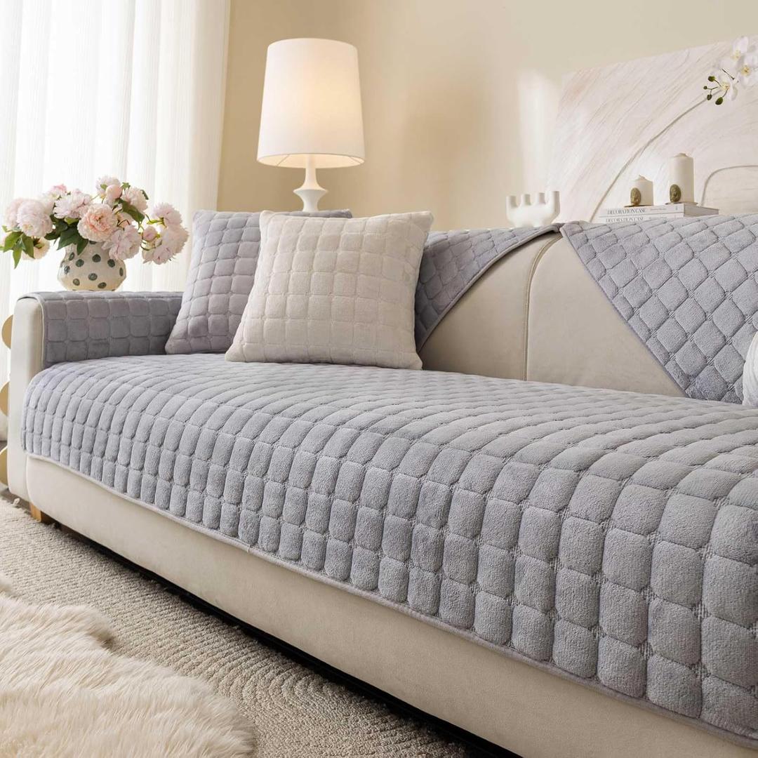 Velvet Washable Couch Cover for Pets Dogs, Non Slip Sectional Sofa Covers for 3 Cushion Couch Sofa L Sharped Sofa Slipcovers, Furniture Protector (1 PCS 36"x94", Light Grey)