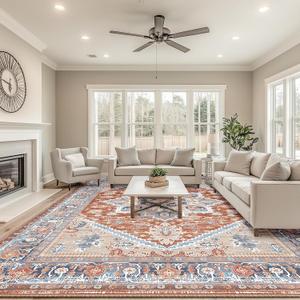 BESTSWEETIE 9x12 Area Rugs for Living Room Washable Non Slip Carpet Low Pile Soft Vintage Print Pattern Rug for Bedroom Dining Room Kitchen Entryway Indoor-Brick/Blue/Light Ivory