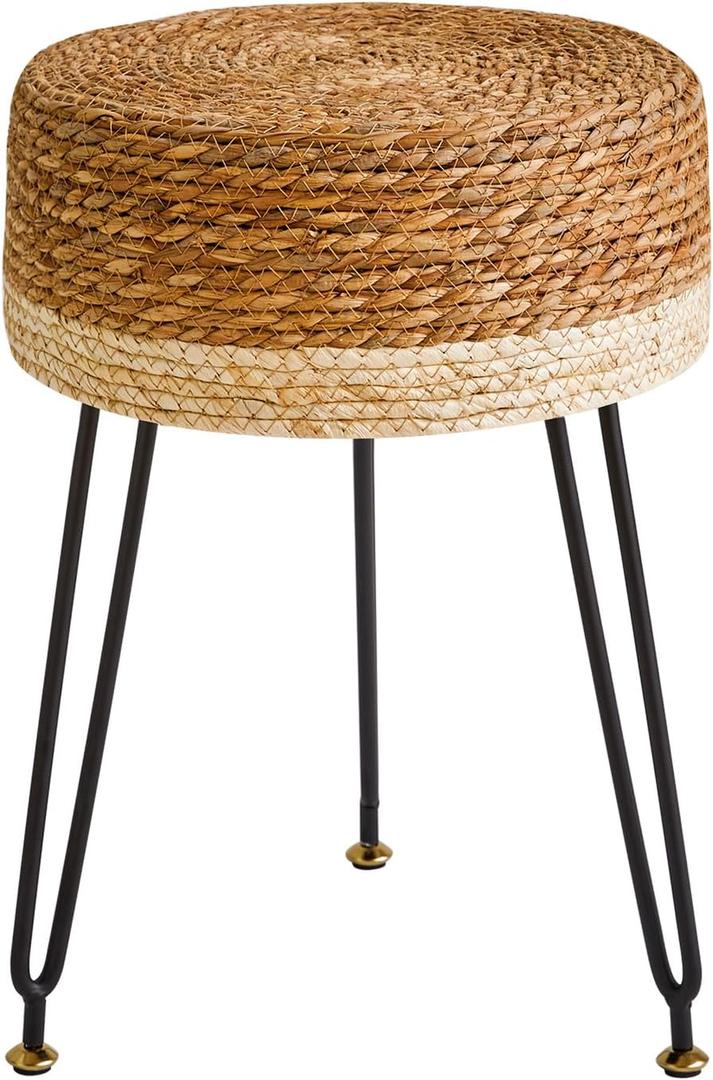 YMYNY Pouf Ottoman, Handmade Natural Water Hyacinth, Pastoral Style Footrest, Footstool with 4 Metal Legs Round Vanity Stool for Bedroom, Hallway, Living Room 12.59"L12.59"W17.71"H White UHBD029W