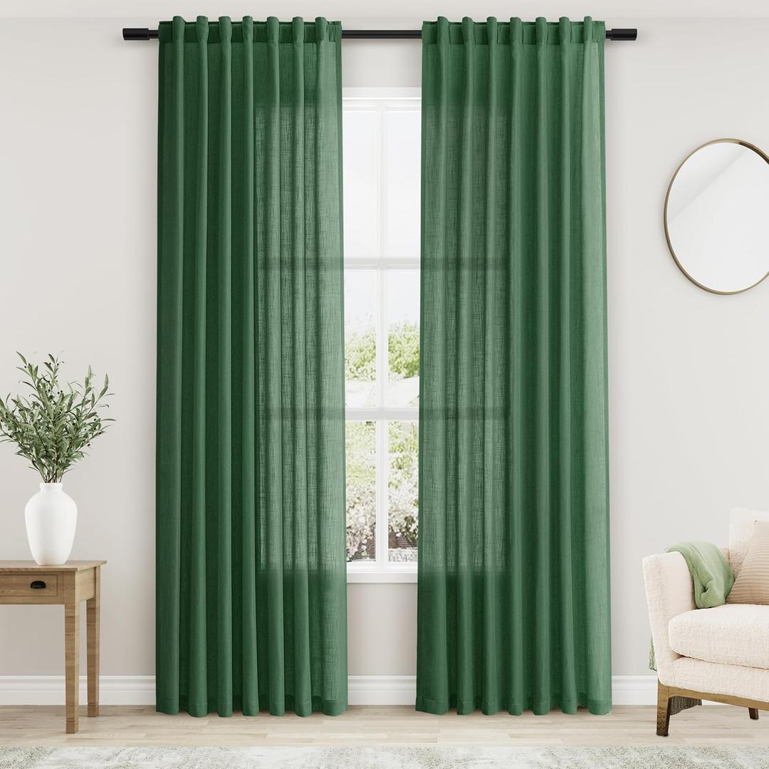 Green Linen Blend Drapes 84 Inch Length 2 Panels Set Back Tab Rod Pocket Light Filtering Privacy Semi Sheer Textured Curtains Neutral Farmhouse Decor Curtains for Living Room Bedroom 52x84 (52"W x 84"L (Pack of 2))