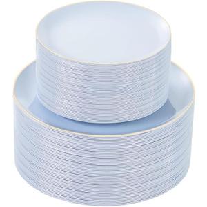 bUCLA 100PCS Clear and Gold Plastic Plates - Clear Disposable With Gold Rim Include 50 Each (10 inch Dinner & 7 inch Dessert) Plates, Ideal for Party & Thanksgiving