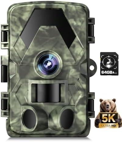 Laoziniu Trail Camera, 5K 60MP Game Camera with No Glow Night Vision, 150°Wide-Angle, 0.05s Trigger Speed Motion Activated IP66 Waterproof for Wildlife Scouting, Home Security, Green