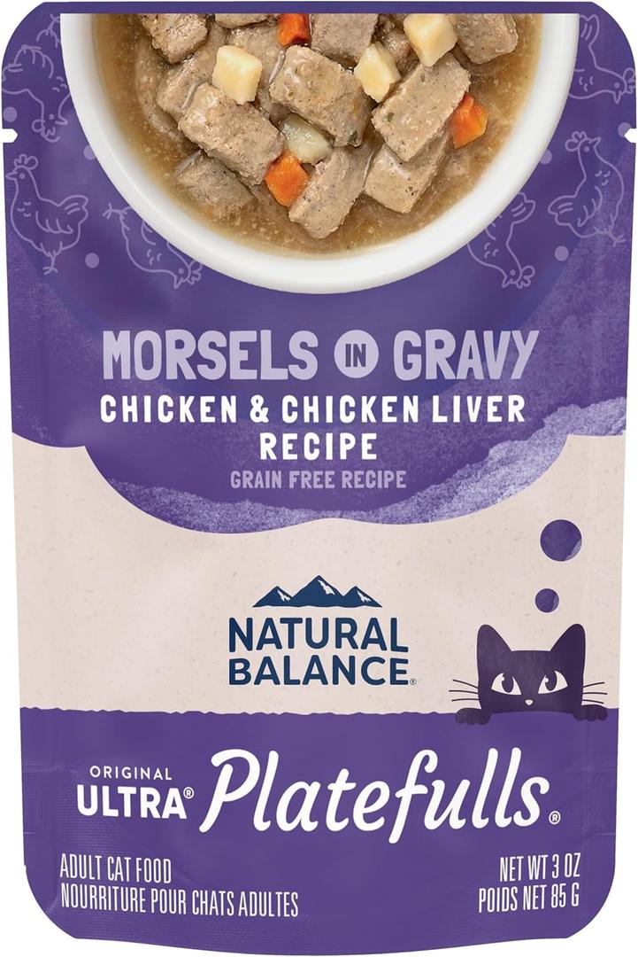 Natural Balance Original Ultra Platefulls Indoor Adult Grain Free Wet Cat Food, Chicken & Chicken Liver Recipe, 3 Ounce Pouch (Pack of 24) BB: 12/17/27