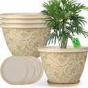 Nooulap 4 Pack 16 Inch Plant Pot with Drainage Hole, Plastic Large Indoor Outdoor Planter, Decorative Flower Pot for Patio, Garden & Front Porch, with Gold Flower Partten (Beige)