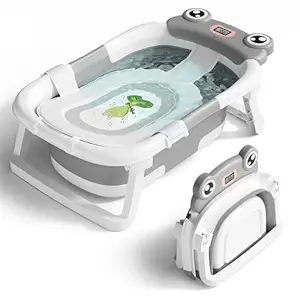Baby Bathtub, Collapsible Newborn Bathtub for Infant to Toddler 0-24 Months with Soft Cushion and Thermometer,Portable Travel Newborn Tub with No-Slip Feet, Baby Shower Gifts