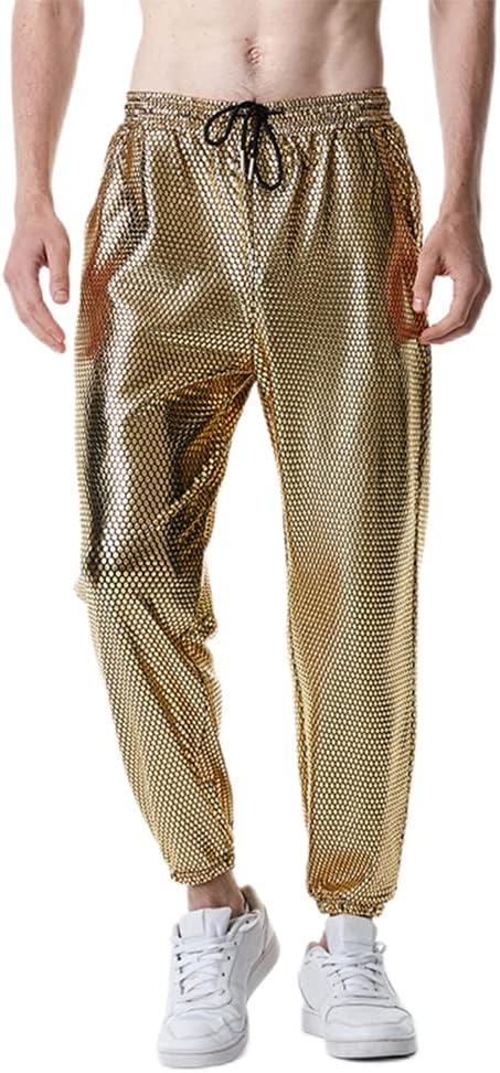 Mens Shiny Silver Metallic Jogger Sweatpants Hip Hop Trousers Night Club Party Festival Prom Streetwear (X-Large, Gold)