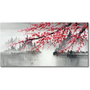 Handmade Traditional Chinese Oil Painting Pink Plum Blossom Canvas Wall Art Modern Black and White Landscape Artwork, 40"L x 20"W