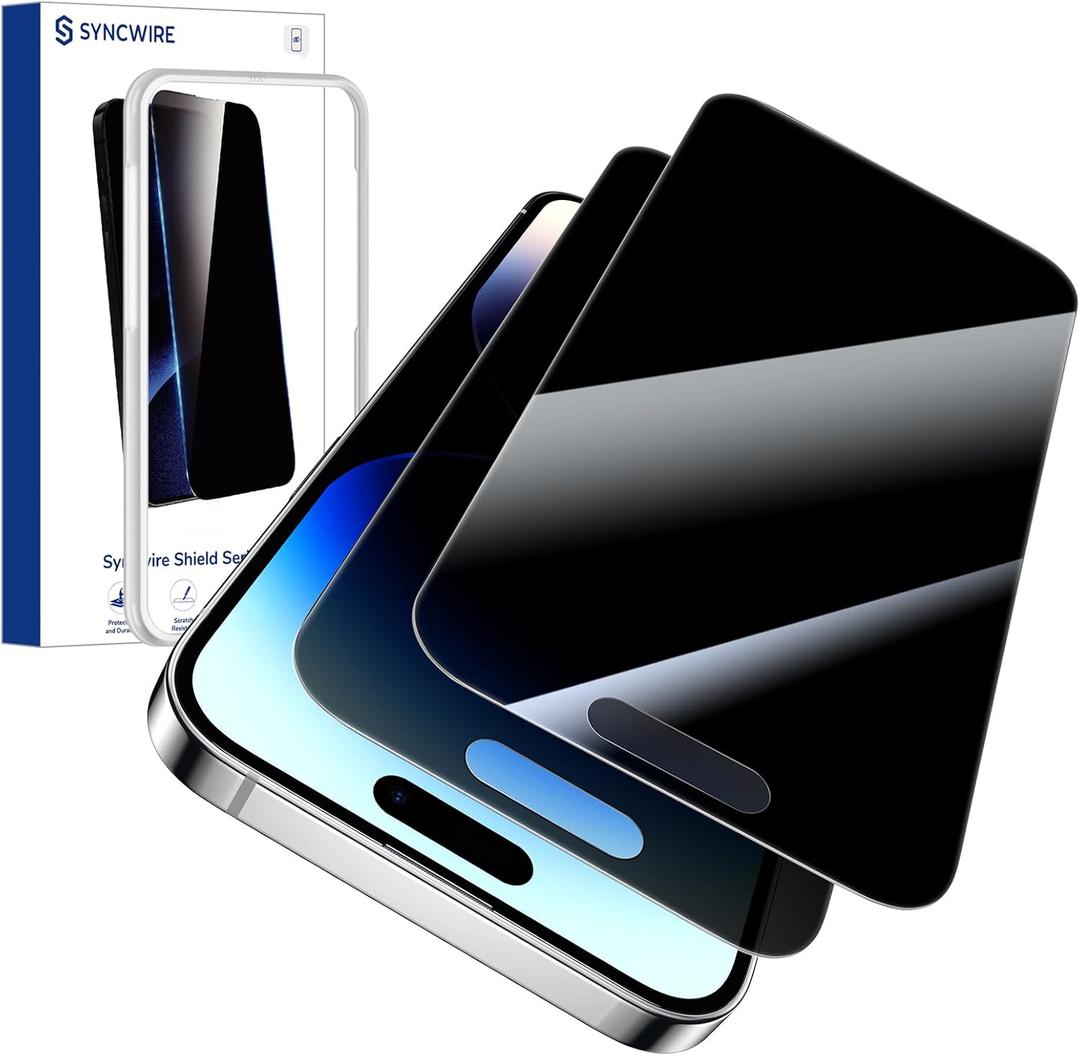 3 x SYNCWIRE Privacy Screen Protector for iPhone 14 Pro 6.1'', 2-Pack Unbreakable Anti Spy Tempered Glass Saver Black[Easy Installation Frame][10X Stronger][Bubble Free][Sensitive Touch][Anti Fingerprint]