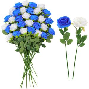 32 Pcs Blue, White Artificial Flowers Roses Fake, Silk Flowers with Stems for DIY Wedding Gothic Bridal Shower Centerpieces Arrangements Tables Decorations