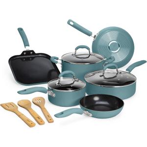 Goodful Ceramic Nonstick Pots and Pans Set, Premium Ceramic Coating Made without PFOA, PTFE or PFAS, Dishwasher Safe, 12-Piece, Turquoise