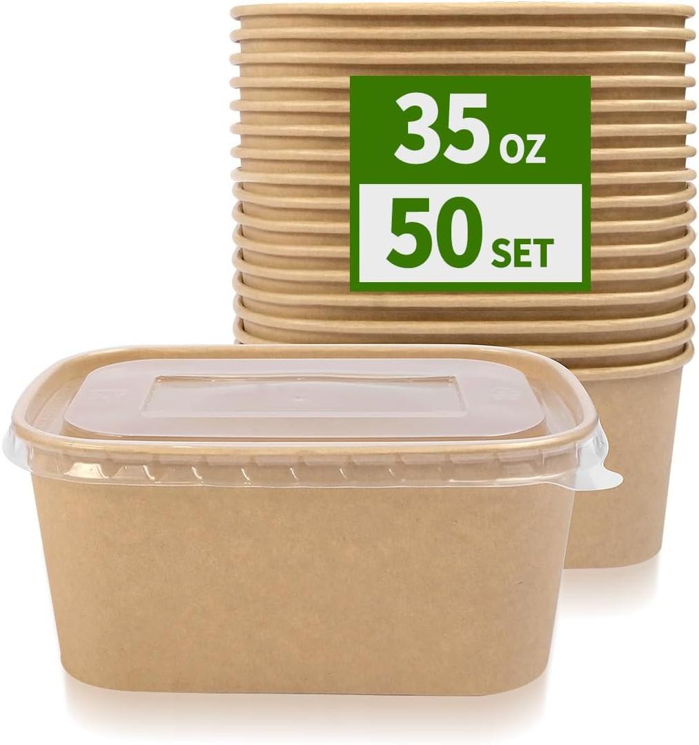 50 Pack 35 oz Paper Food Containers with Lids, Microwavable and Freezer Use Paper Meal Prep Containers Disposable Food Prep and Take Out Food Containers, 50 Bowls 50 Lids