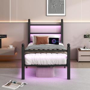 CLIBFENG Twin Bed Frame with Headboard and Footboard,Steel Slats Support-LED Bed Frame with USB Charging Station,Mattress Foundation-Under Bed Storage,No Box Spring Needed,Noise Free,Black