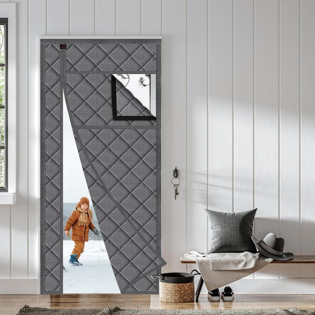 WochiTV Detachable Window Magnetic Thermal Insulated Door Curtain Fits Door Size 38" x 80", Waterproof Cloth, Polyester Fiber Filling, Weatherproof, Windproof, Reduce Noise, Side Opening, Gray