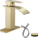 Gold Bathroom Faucet, Waterfall Bathroom Sink Faucet, Single Hole Deck Mounted Single Handle Lavatory Vanity with Pop Up Drain Parts Mixer Tap Basin Modern Bath Brushed Gold