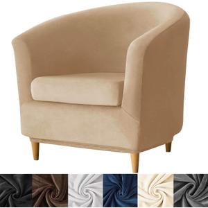 HFCNMY 2 Piece Club Chair Slipcover,Stretch Velvet Barrel Chair Covers Soft Tub Chair Slipcover Washable Armchair Cover with Elastic Bottom Khaki