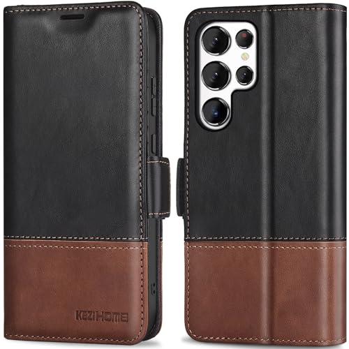 KEZiHOME for Samsung Galaxy S25 Ultra Case, Genuine Leather [RFID Blocking] Galaxy S25 Ultra Wallet Case, Card Slot Flip Magnetic Stand Phone Cover Compatible with Samsung S25 Ultra (Black/Brown)
