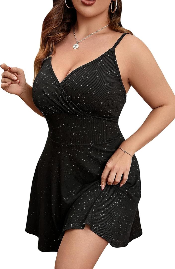 Floerns Women's Plus Size Sleeveless Glitter Dress Wrap V Neck Flared Short Dress (XX-Large Plus, Black)