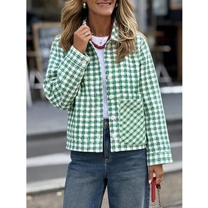 Women's Green Checkered Button Front Jacket - Loose Fit Long Sleeve Casual Outerwear (Green, XX-Large)