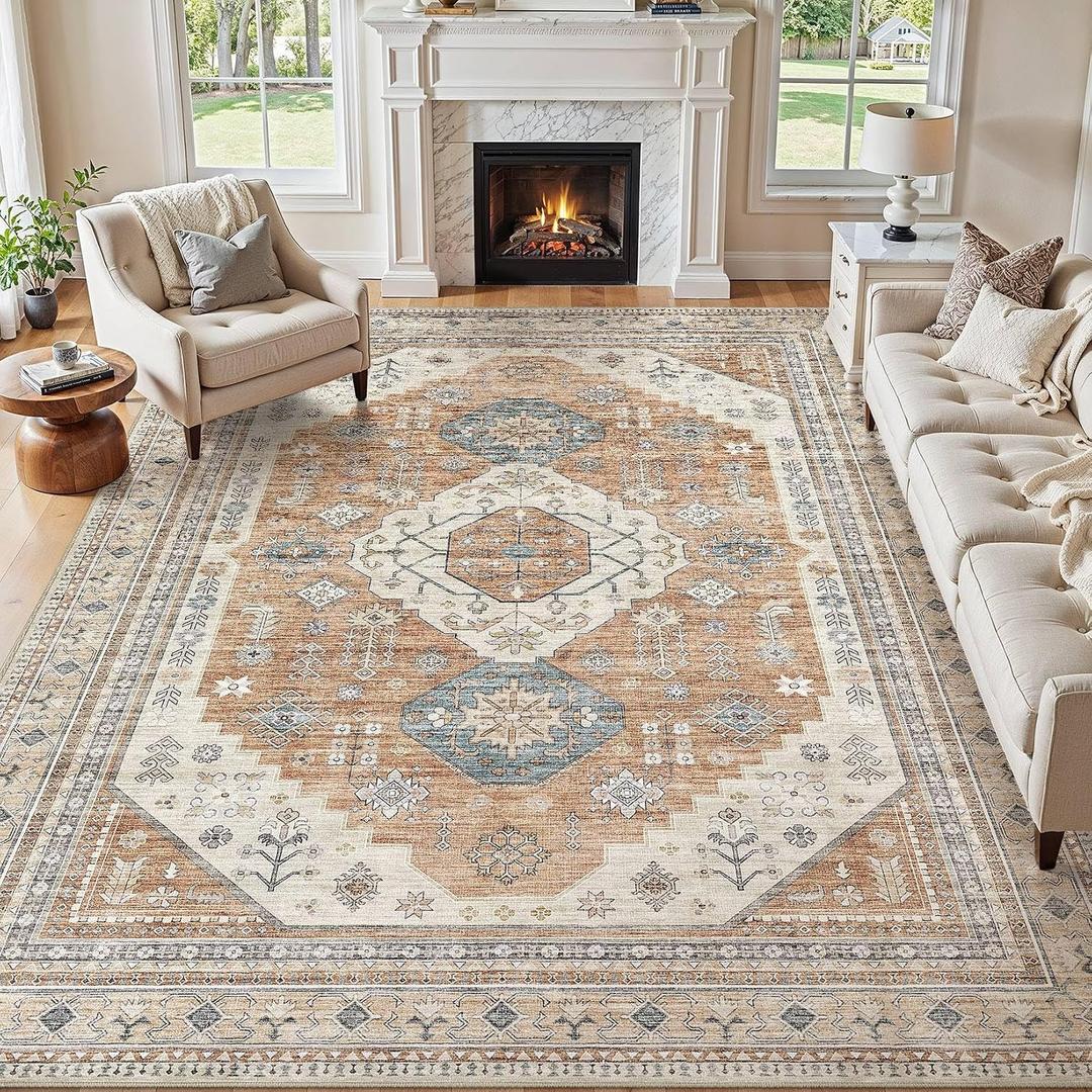9x12 Washable Area Rug, Large Rugs for Living Room Stain Resistant Non Slip Backing Soft Low Pile Vintage Carpet for Bedroom Dining Room Kid & Pet Friendly Home Decor - Orange