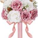 Wedding Bouquets for Bride & Bridesmaid, 9 Inch Artificial Rose Bridal Bouquet, Ivory White & Pink Silk Flowers for Wedding Ceremony, Church, Party Decoration (White Pink)