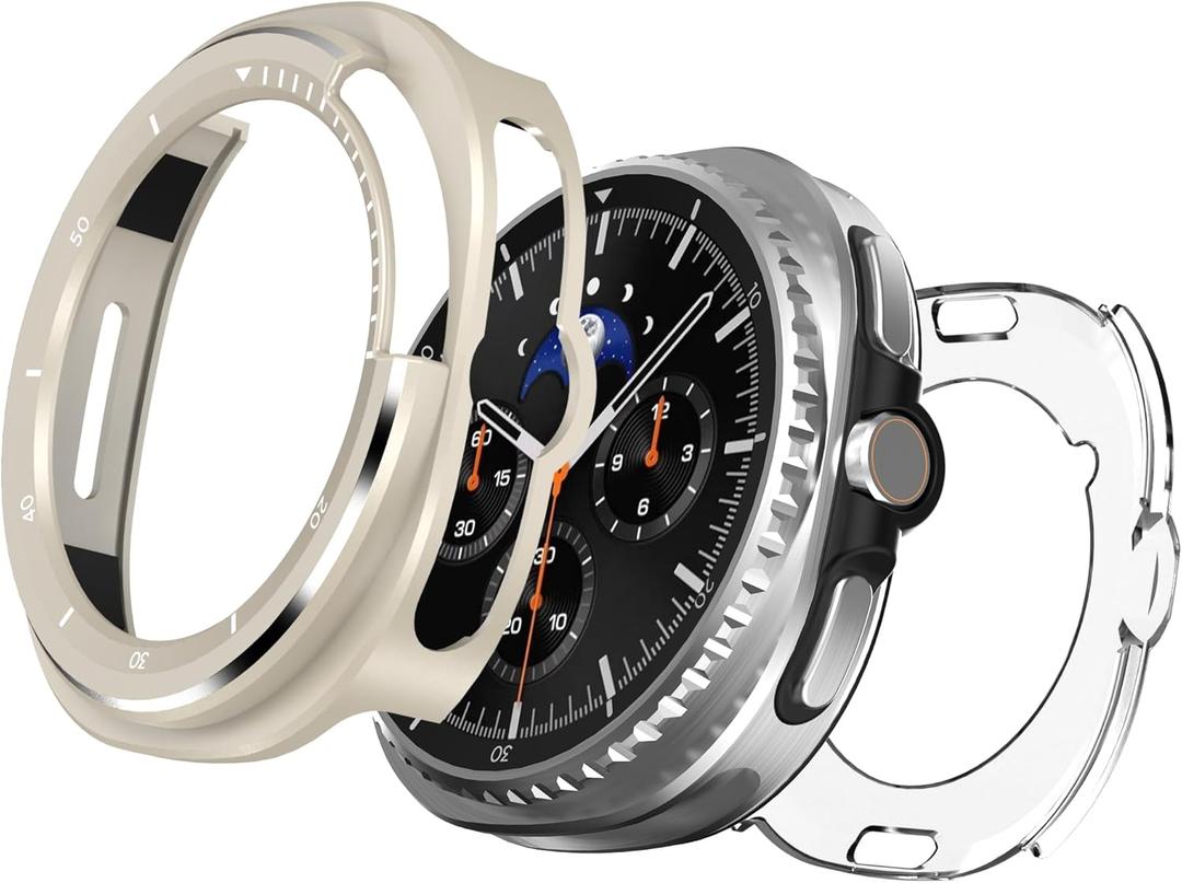 2 in 1 Rugged Metal Case for Samsung Galaxy Watch 8 Classic 46mm Cases SmartWatch, Matte Metal & Clear PC Back Cover Protect Accessories with Cleaning Cloth for Women Men - Titanium