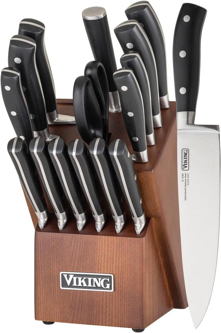 Viking Kitchen Knives Set, 17 Piece Cutlery Set with Light Walnut Knife Block, Stainless Steel Blades and Ergonomic Handles, Dishwasher Safe