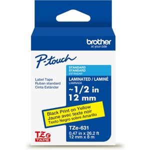 Brother Genuine P-Touch TZE-631 Tape, 1/2" (0.47") Standard Laminated P-Touch Tape, Black on Yellow, Laminated for Indoor or Outdoor Use, Water Resistant, 26.2 Feet (8M), Single-Pack